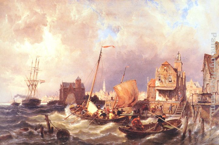 Shipping before a Dutch Harbour Town painting - Pieter Christian Dommerson Shipping before a Dutch Harbour Town art painting